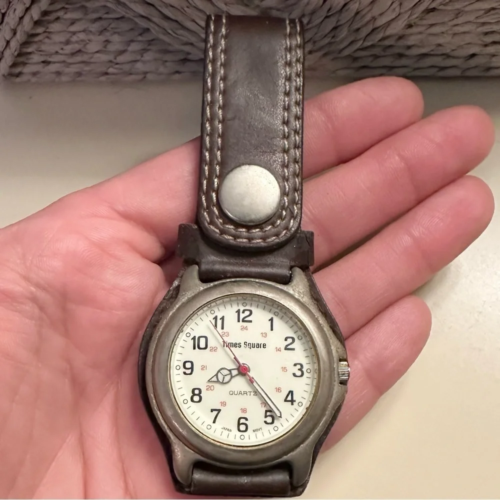 Vintage Times Square Quartz Watch, Date, Waist Leather band brown men’s
